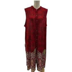 Roamans Red Floral Cover Up Plus Size 3X Sleeveless Sheer  Button Up Side Slit